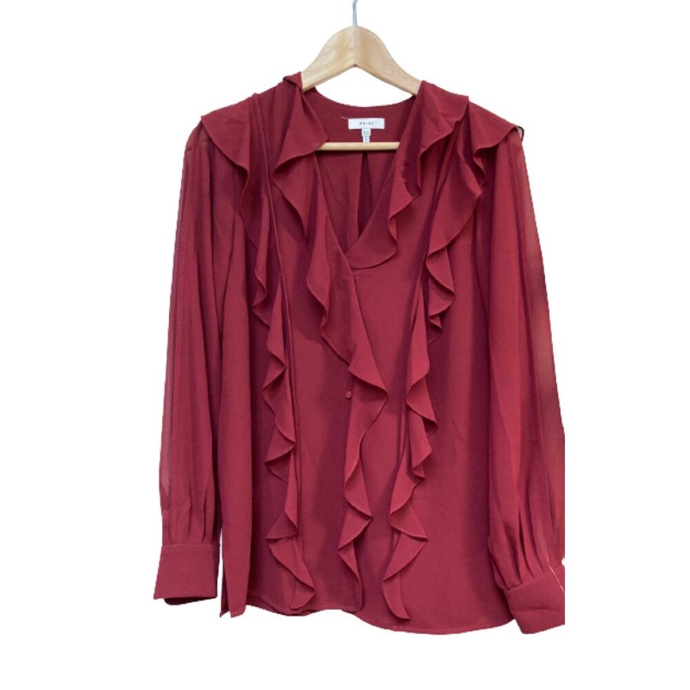 REISS ruffle front burgundy red long sleeve shirt size 4